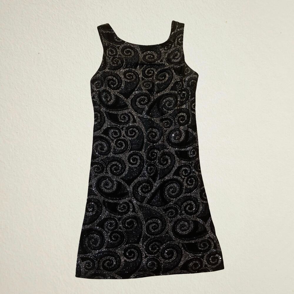 Vintage 90s black sparkly swirl short dress with scoop back, groovy bohemian